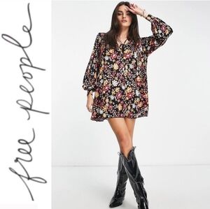 Free People Daisy Jane Tunic Swing Black Floral Mini Dress Retro Stretch Size M